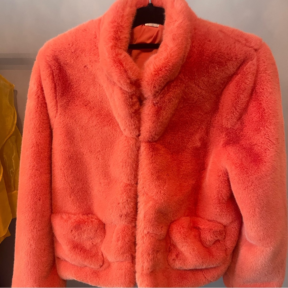 NWOT Anthropologie orange faux fur cropped jacket. Size small.